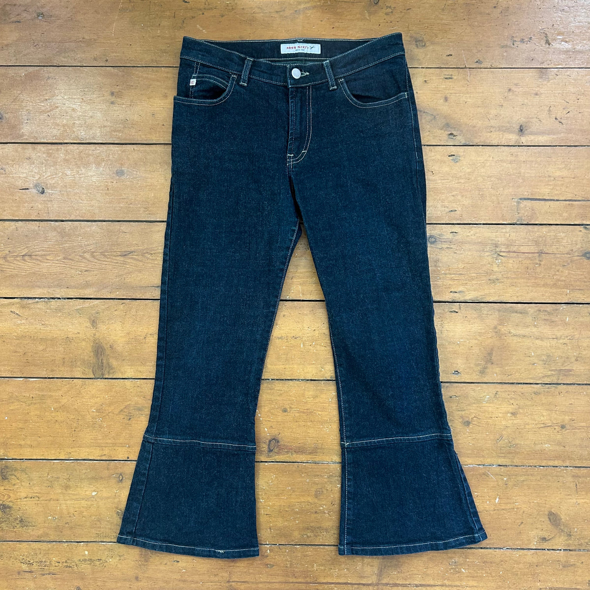 vintage 00s miss sixty dark wash kick flare denim capris