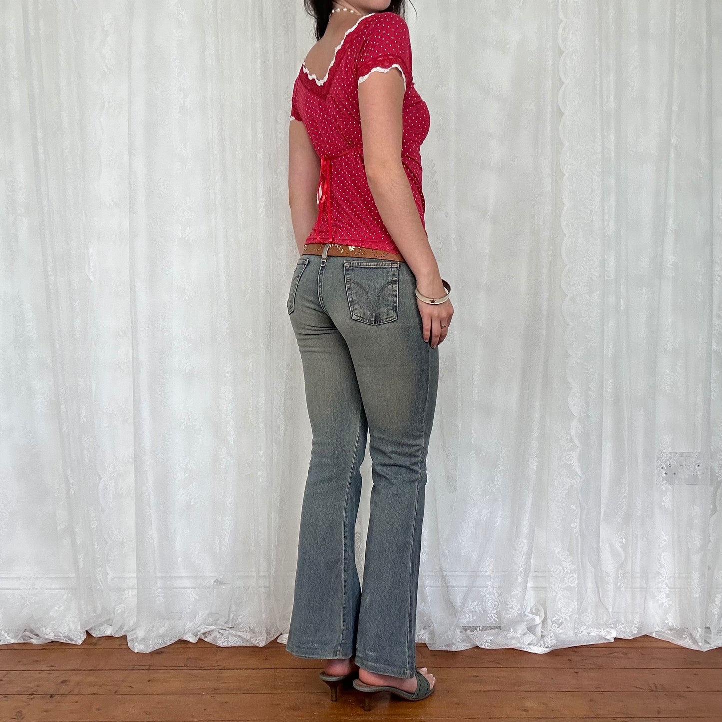 vintage 00s red polka dot lace trim top