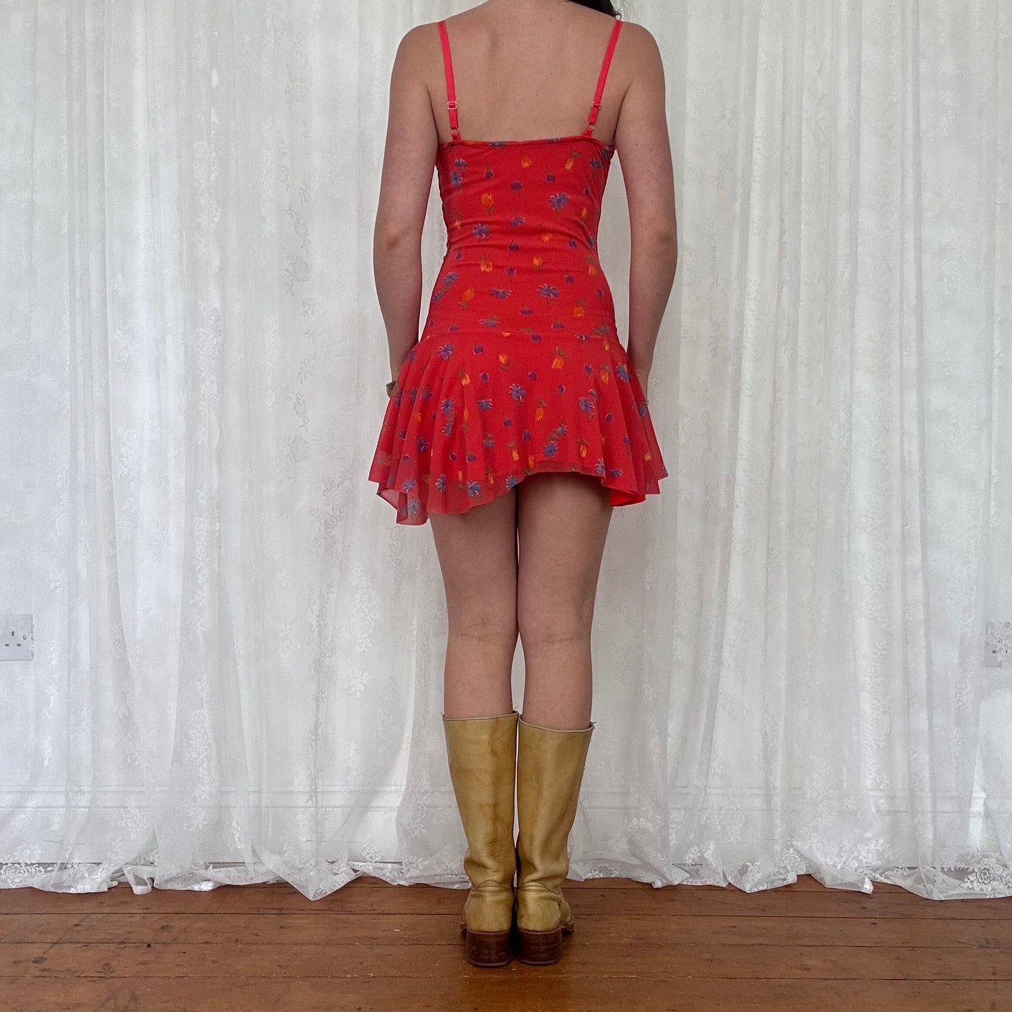 vintage 00s red floral mesh mini dress