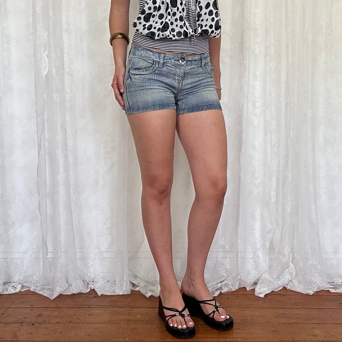 vintage 00s mid wash low rise denim shorts