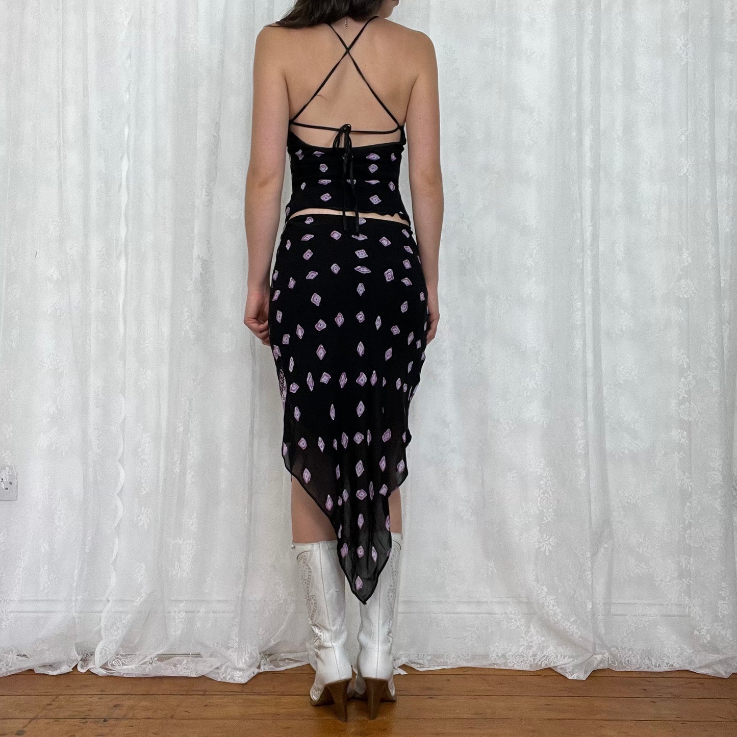 vintage 00s black and purple beaded top and handkerchief skirt co ord