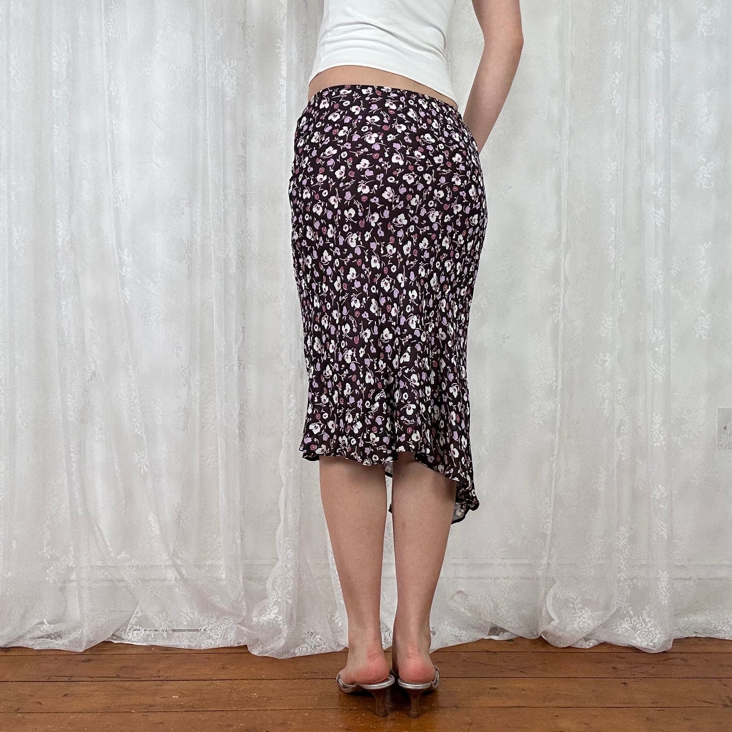 vintage 00s purple floral asymmetrical midi skirt