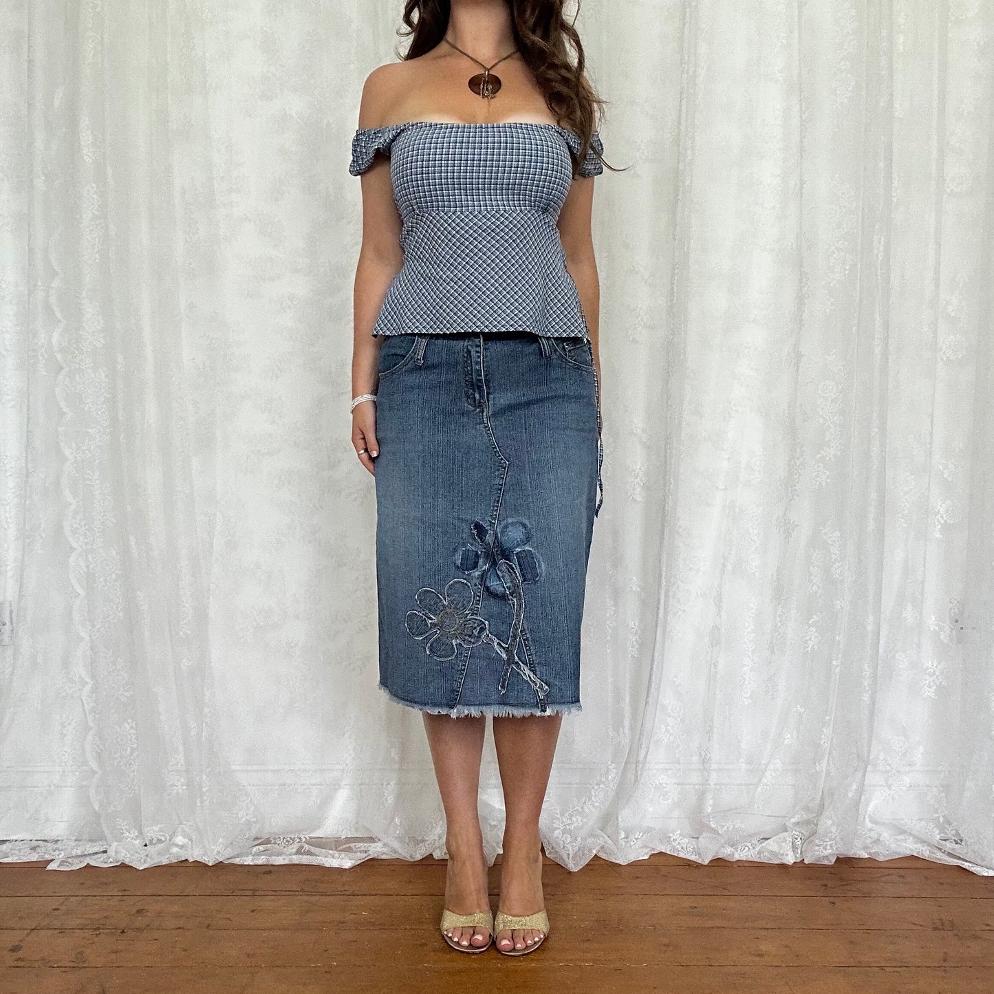 vintage 00s pimkie blue checkered tie back milkmaid top