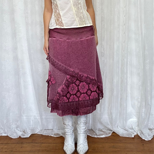 vintage 00s purple knitted lace midi skirt
