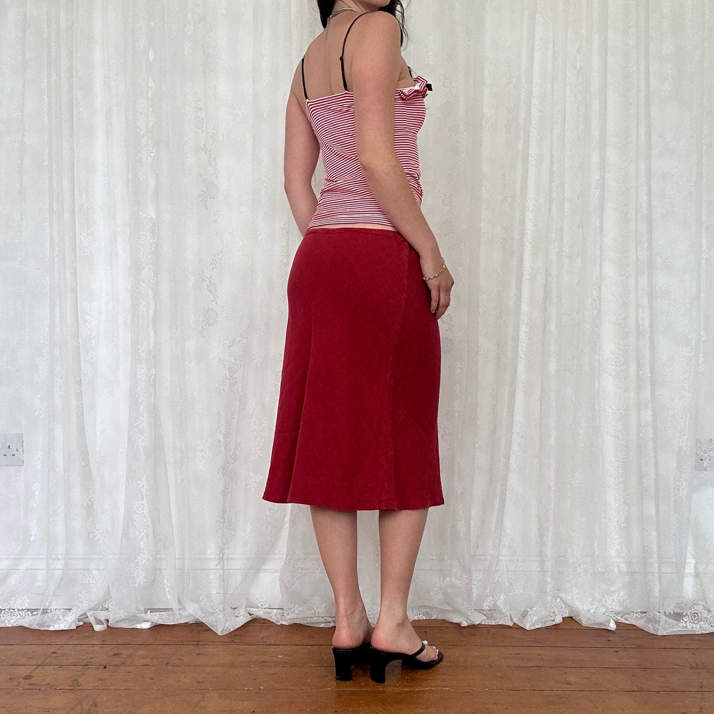 vintage 00s red striped ruffle cami