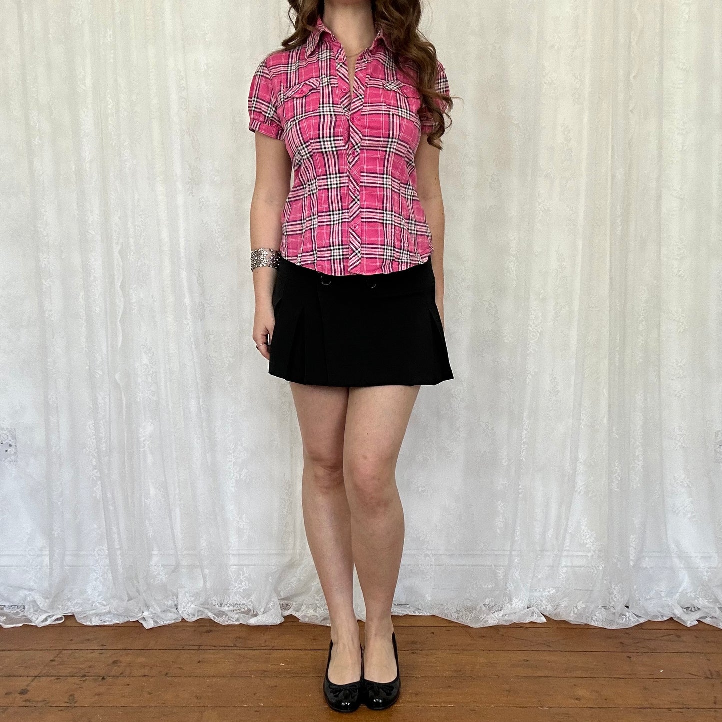 vintage 00s pink and black checkered short sleeve shirt