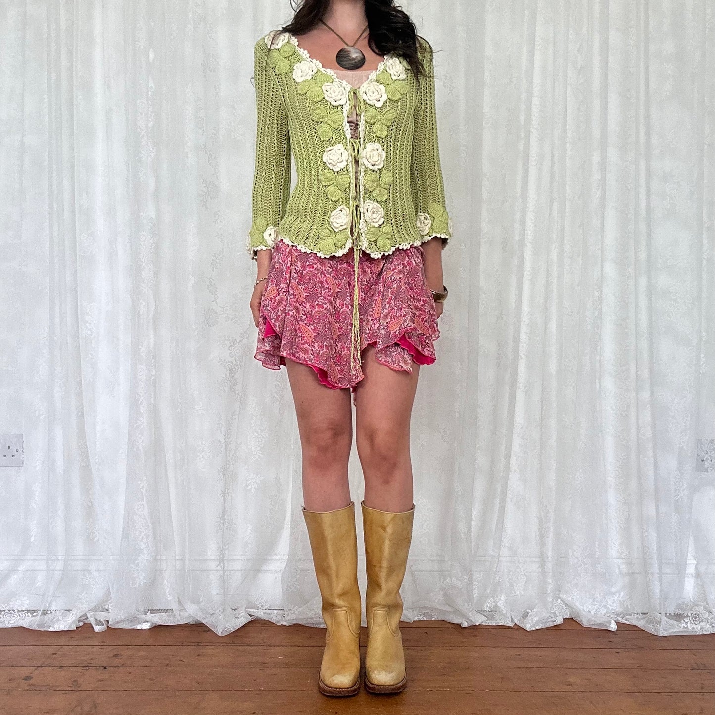 vintage 00s green floral crochet knitted cardigan