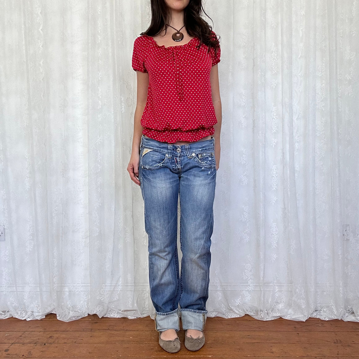vintage 00s red polka dot milkmaid top