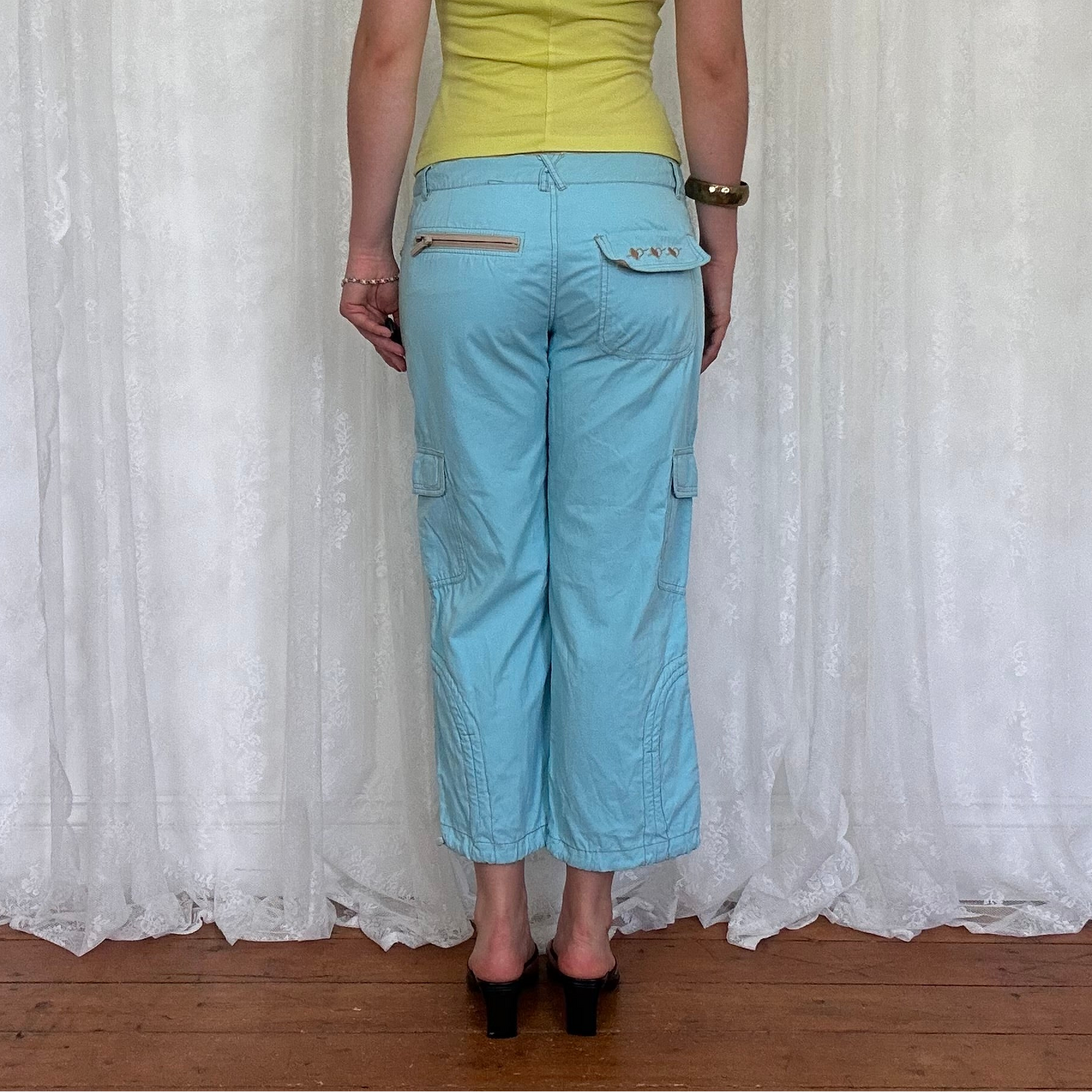 vintage 00s teal blue cropped cargo capris