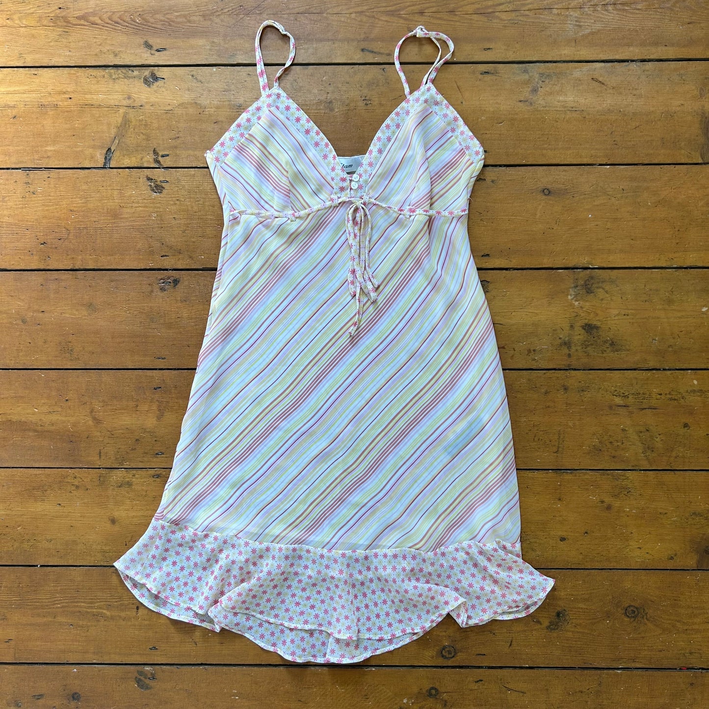 vintage 00s pastel striped pink and yellow mini dress