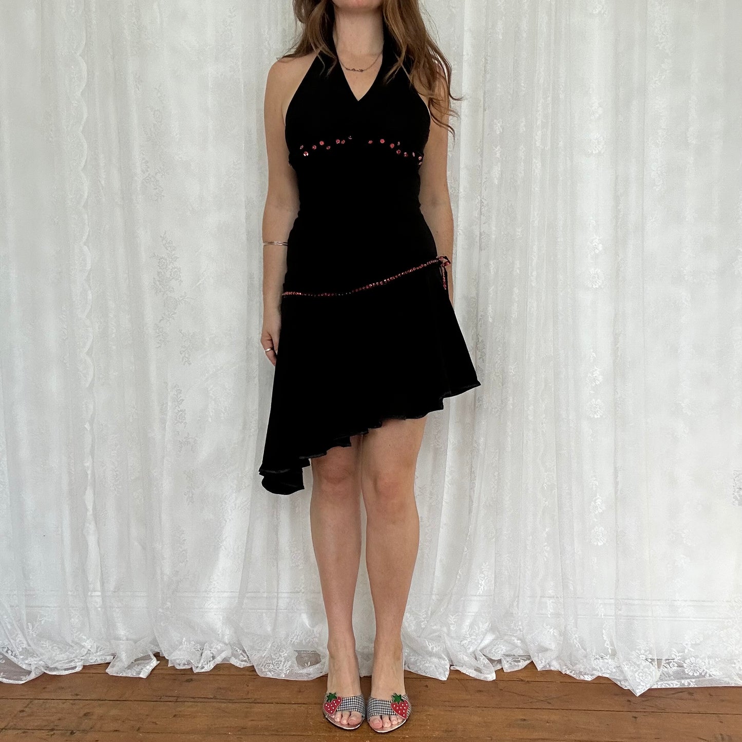 vintage 00s black hater dress with red sequin detail