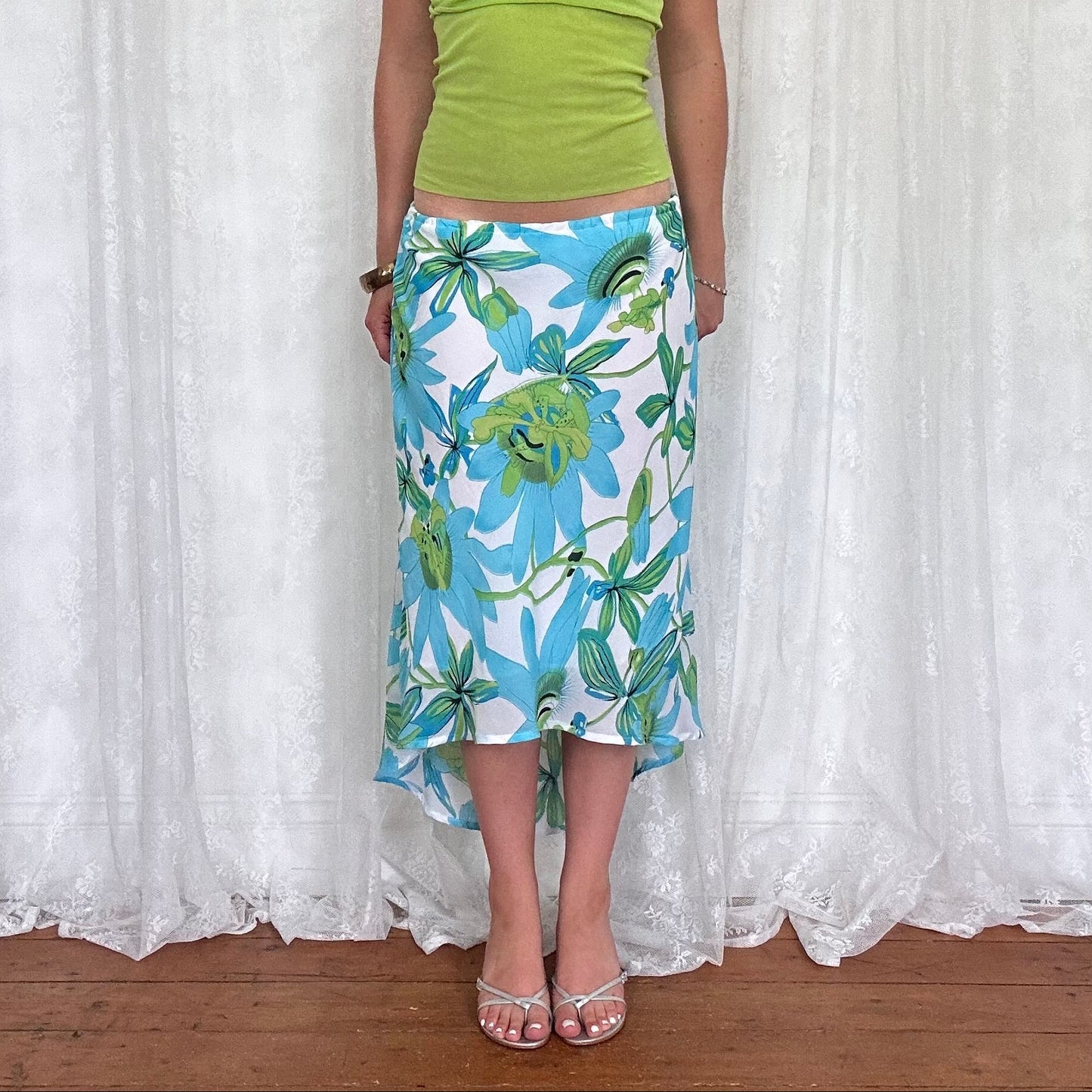 vintage 00s white and blue floral mesh midi skirt