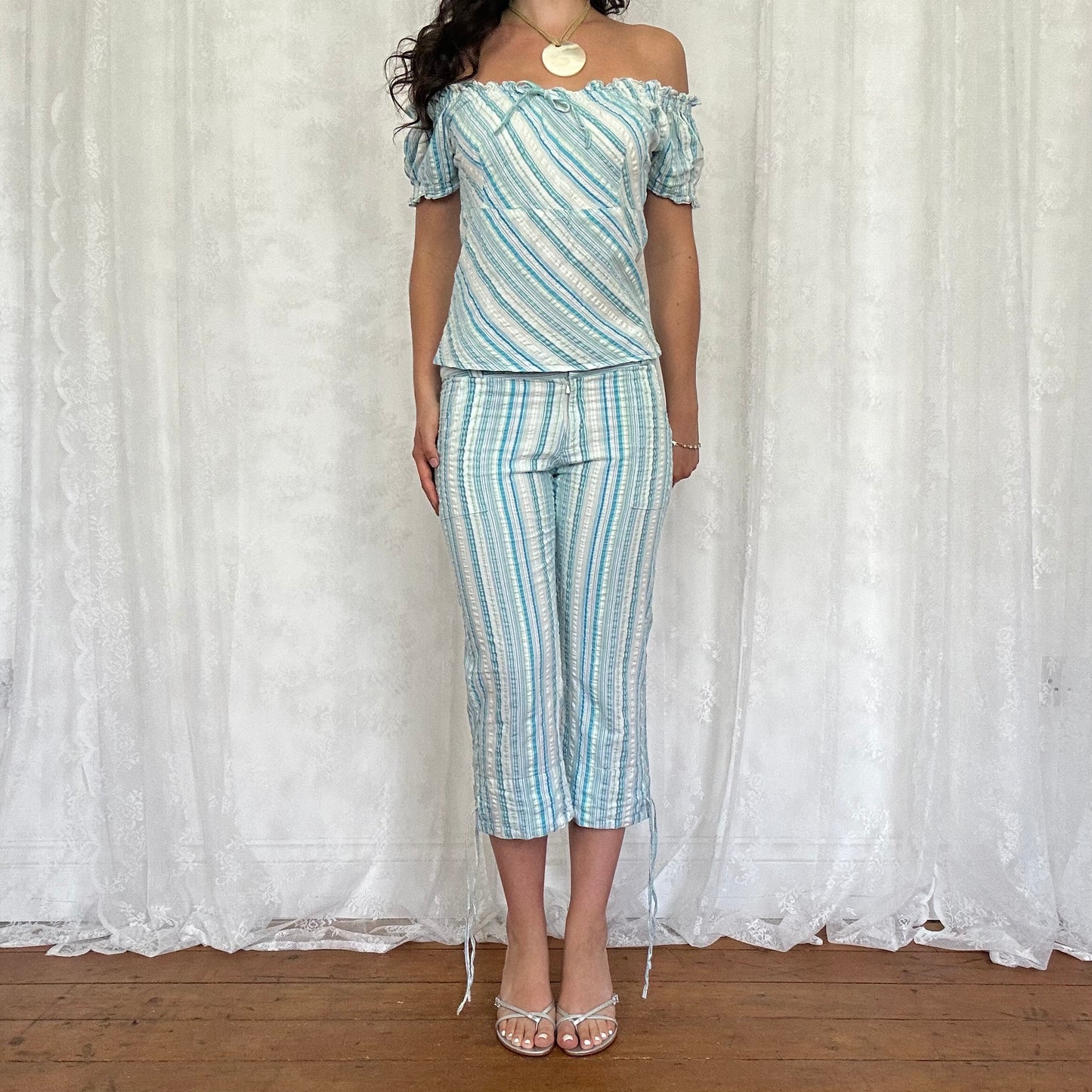 vintage 00s blue pinstripe capri and top co ord