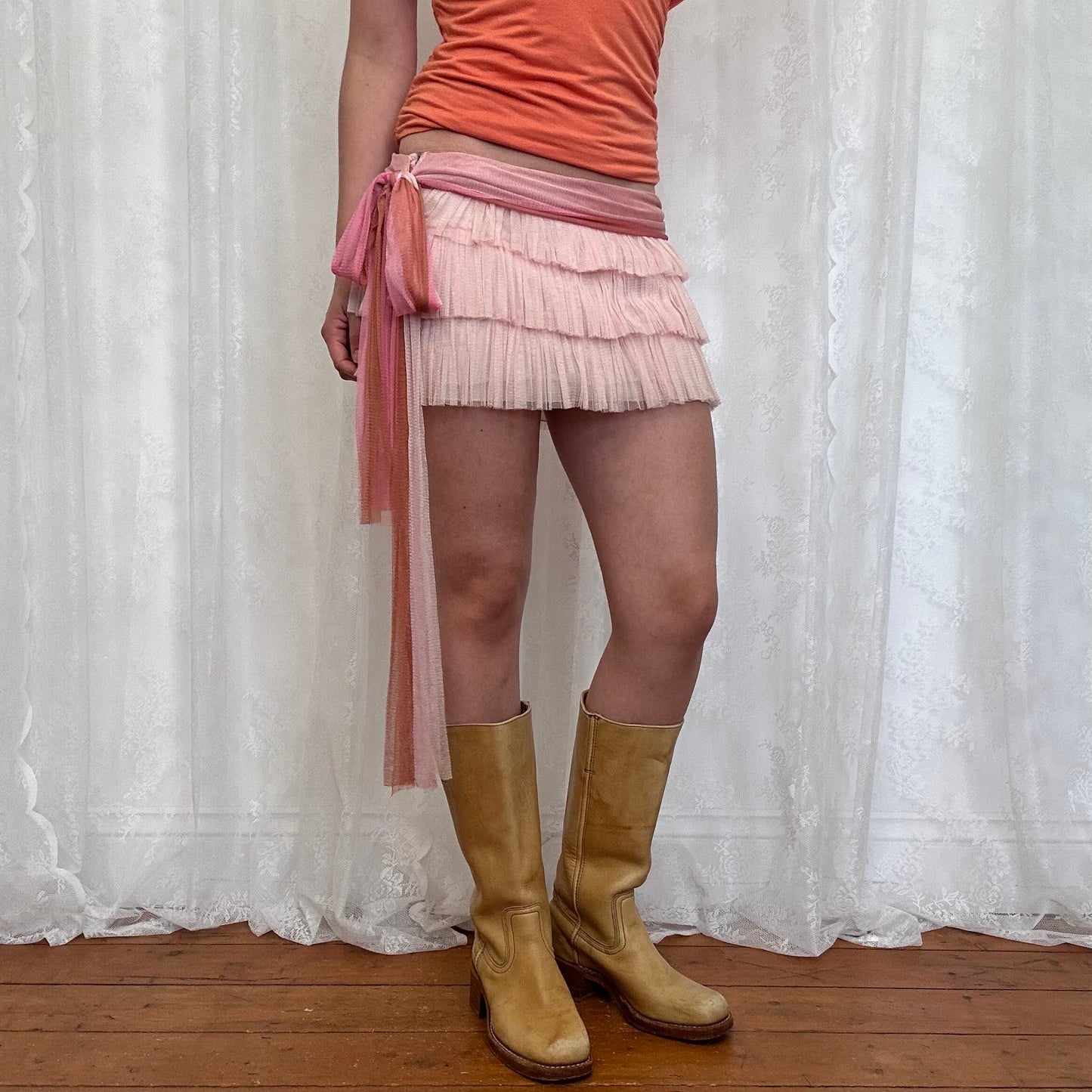 vintage 00s pink silk ruffle mini skirt with tie up belt