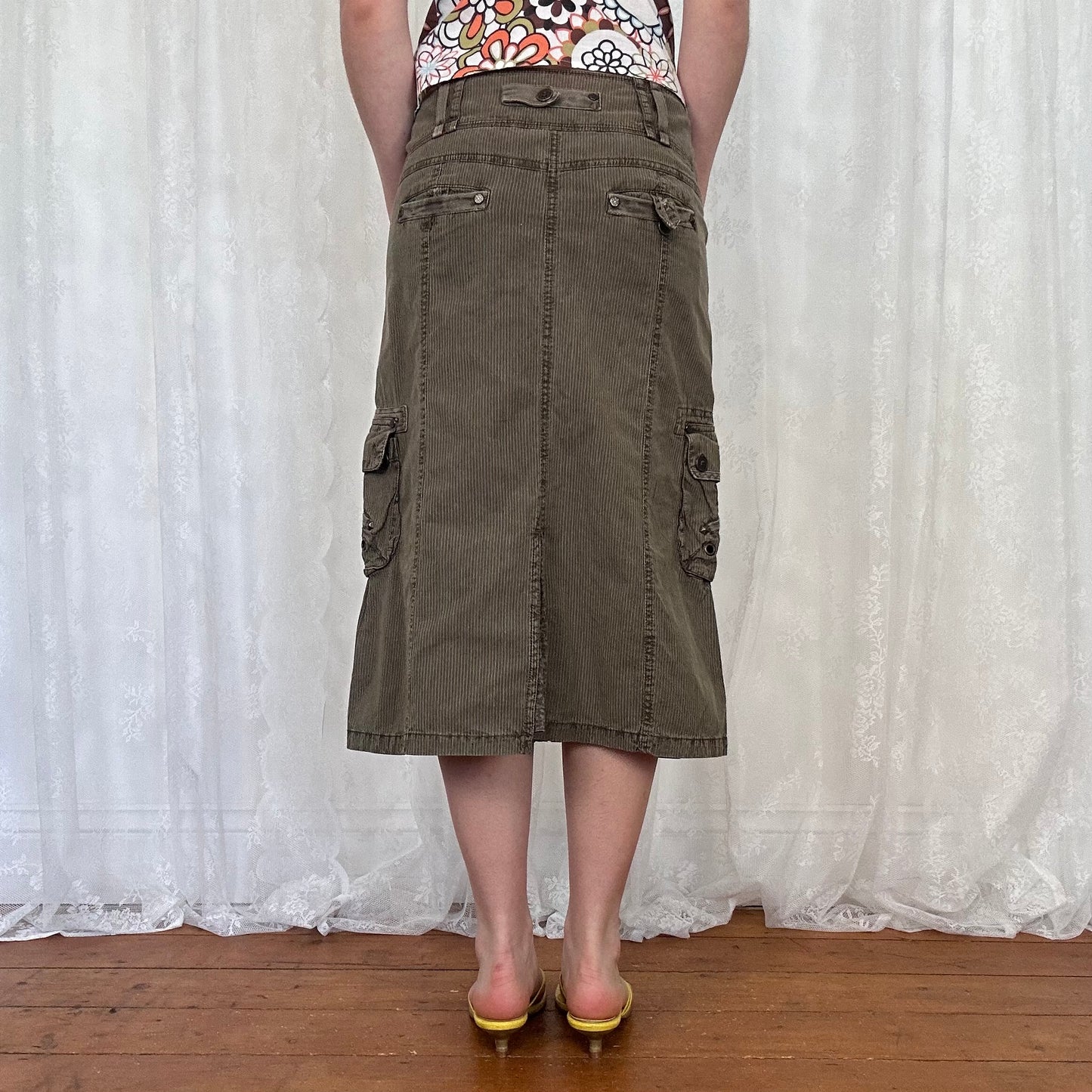 vintage 00s khaki and brown pinstripe cargo midi skirt