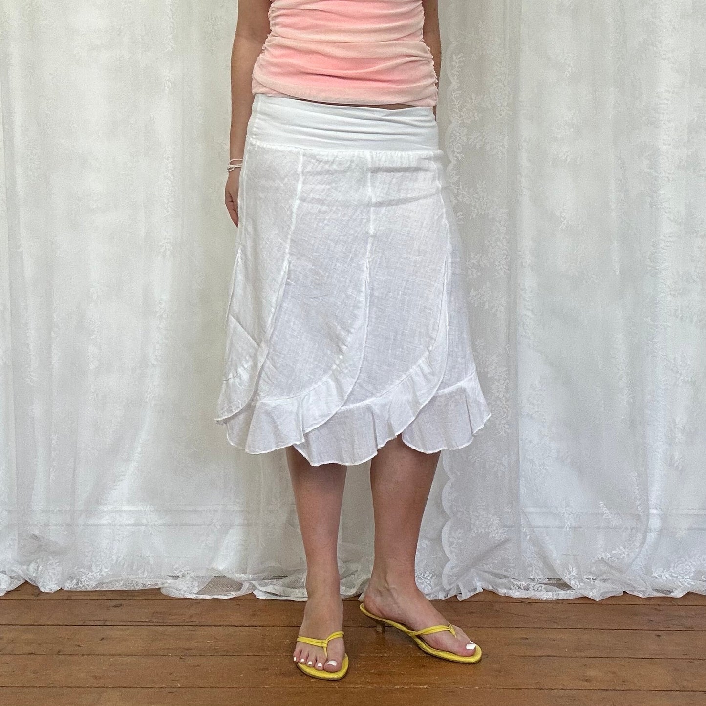 vintage 00s white linen ruffle hem midi skirt