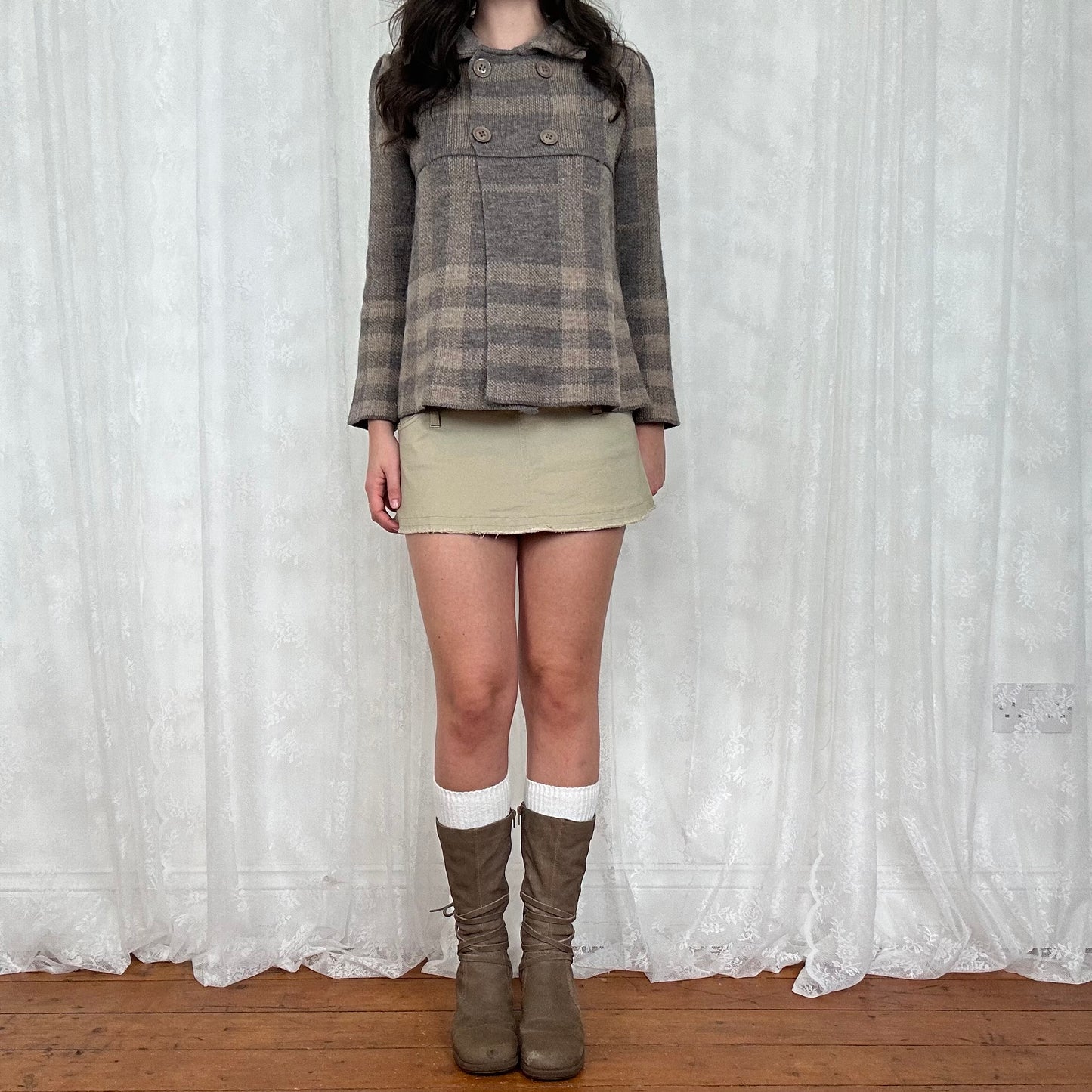 vintage 00s grey and beige knitted peacoat