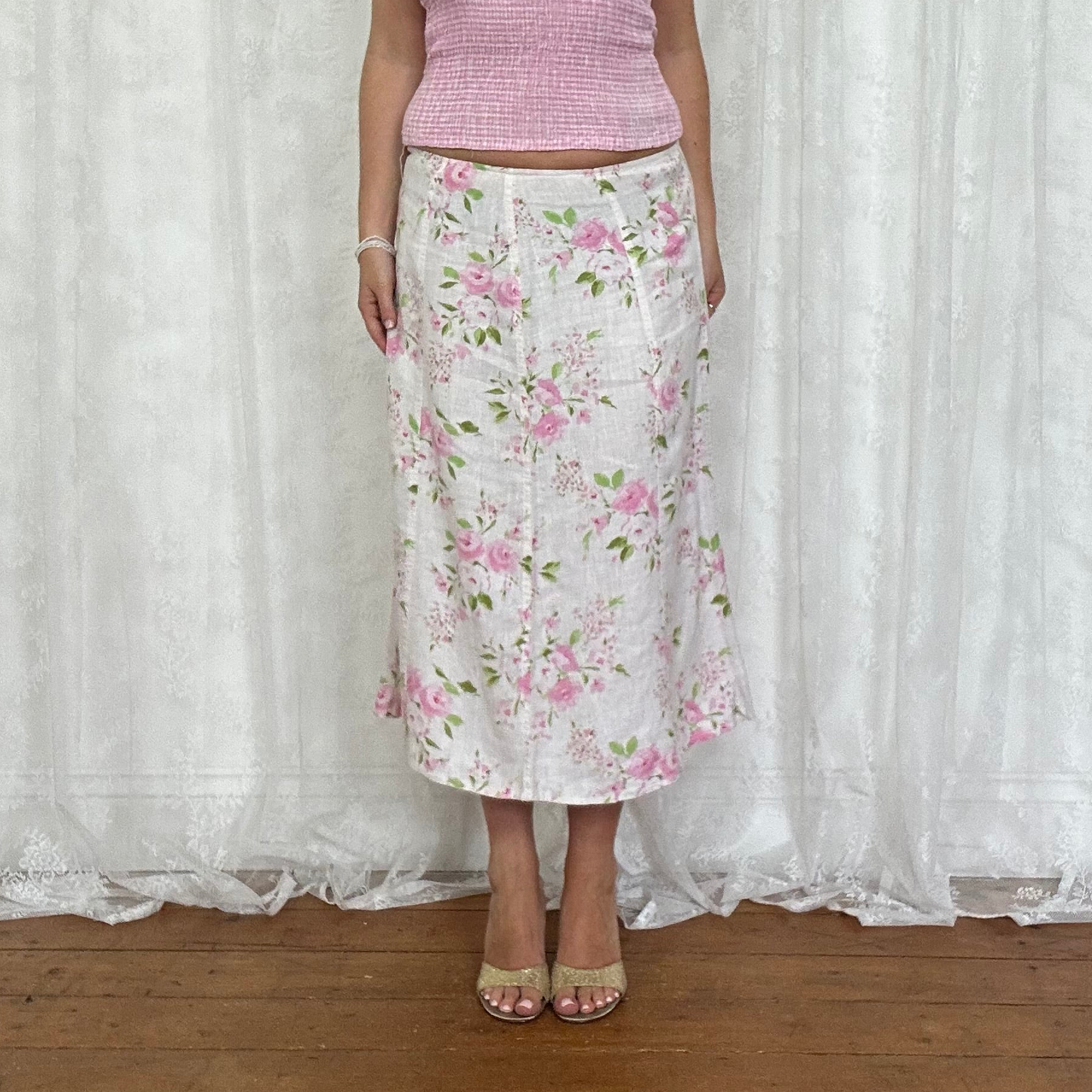 vintage 00s pink floral midi skirt