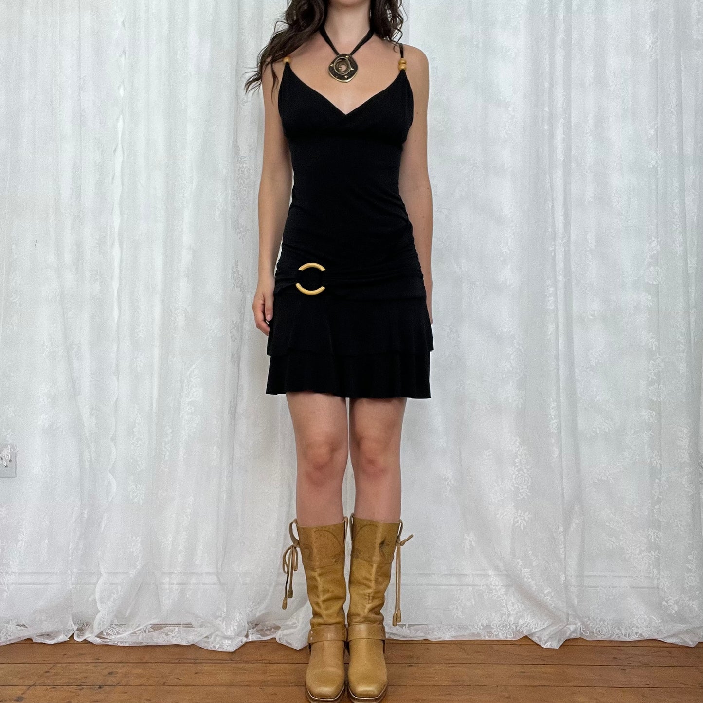 vintage 00s black o ring ruffle mini dress