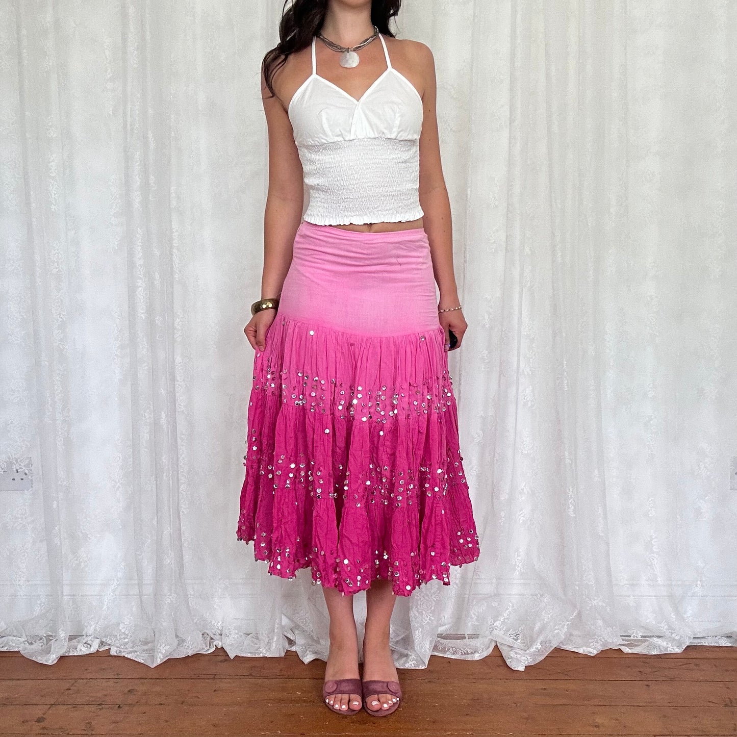 vintage 00s pink ombré sequin tiered midi skirt