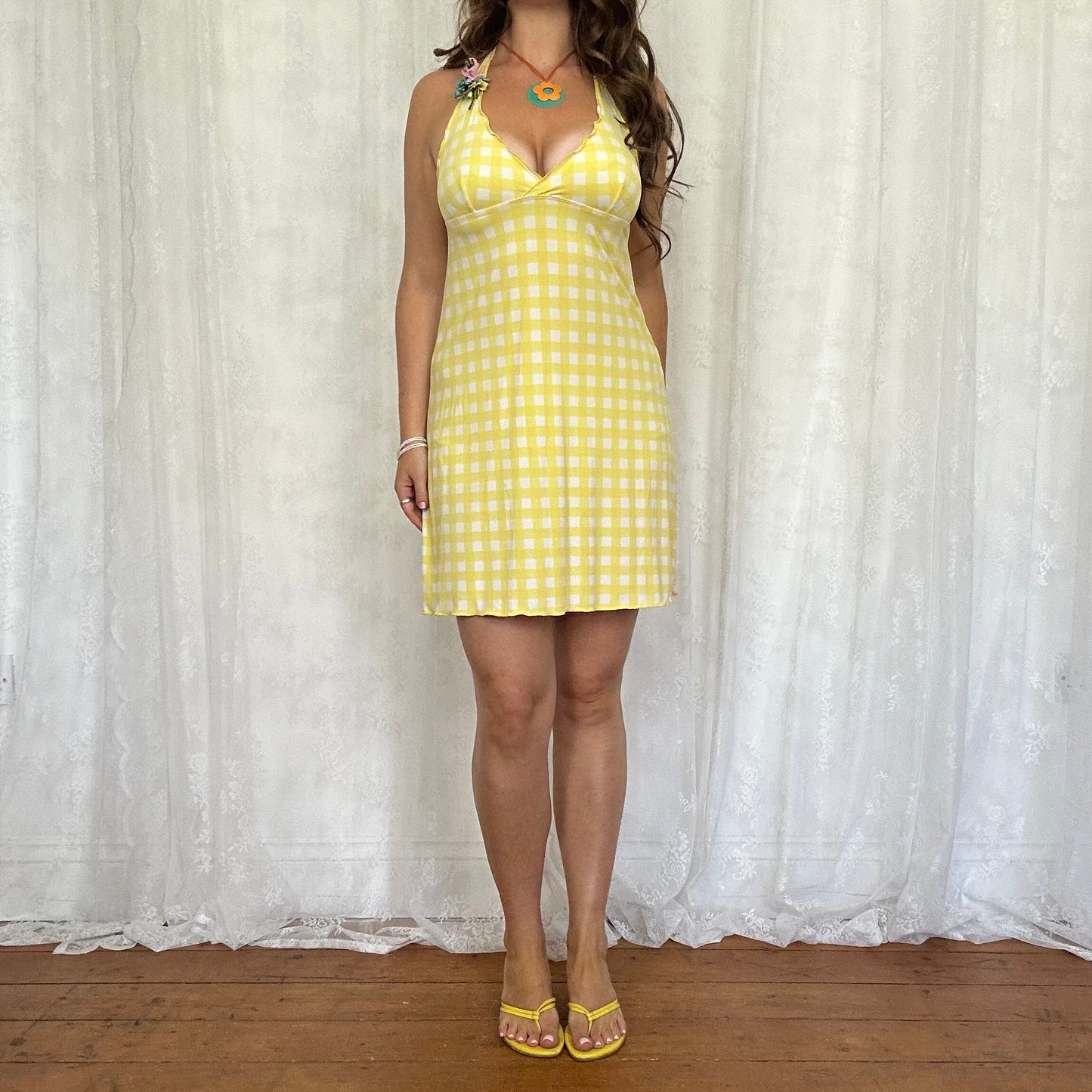 vintage 00s yellow gingham halter dress