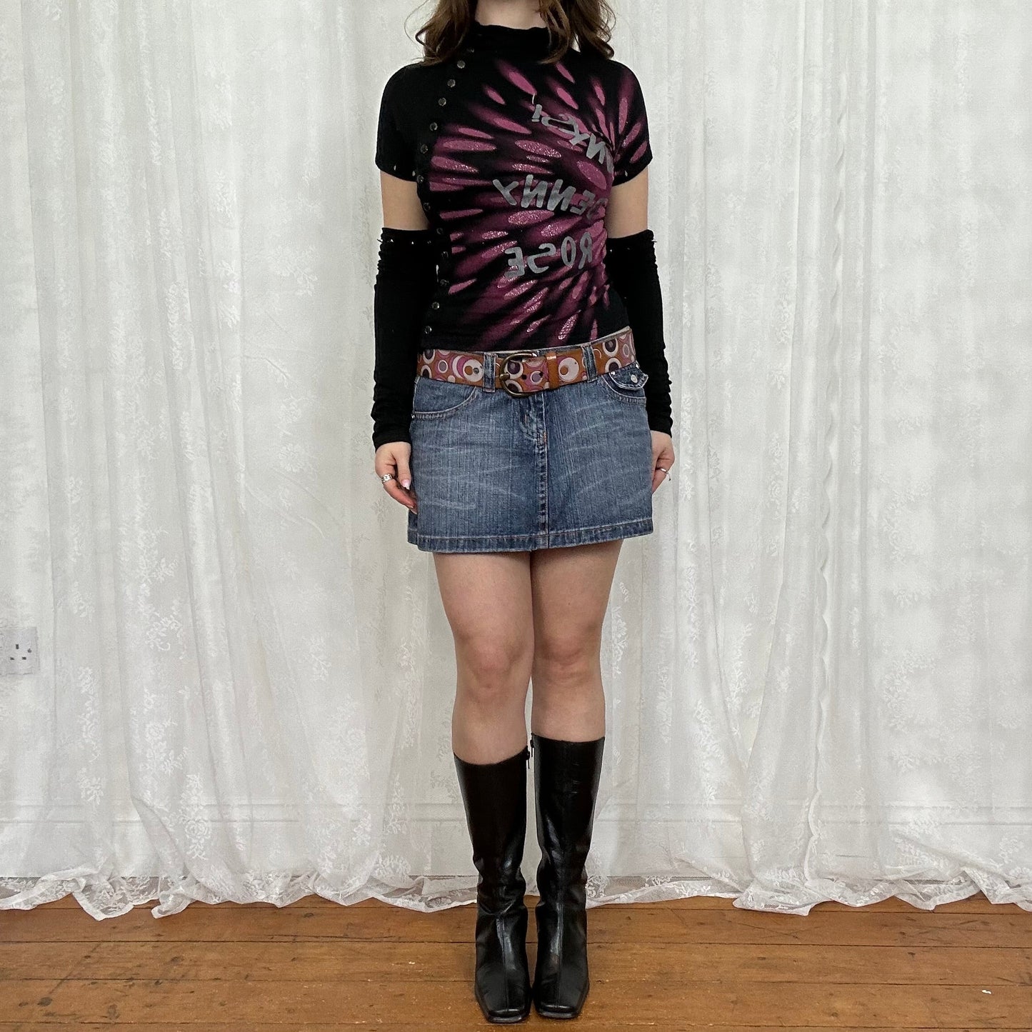 vintage 00s black high neck graphic top with removable sleeves