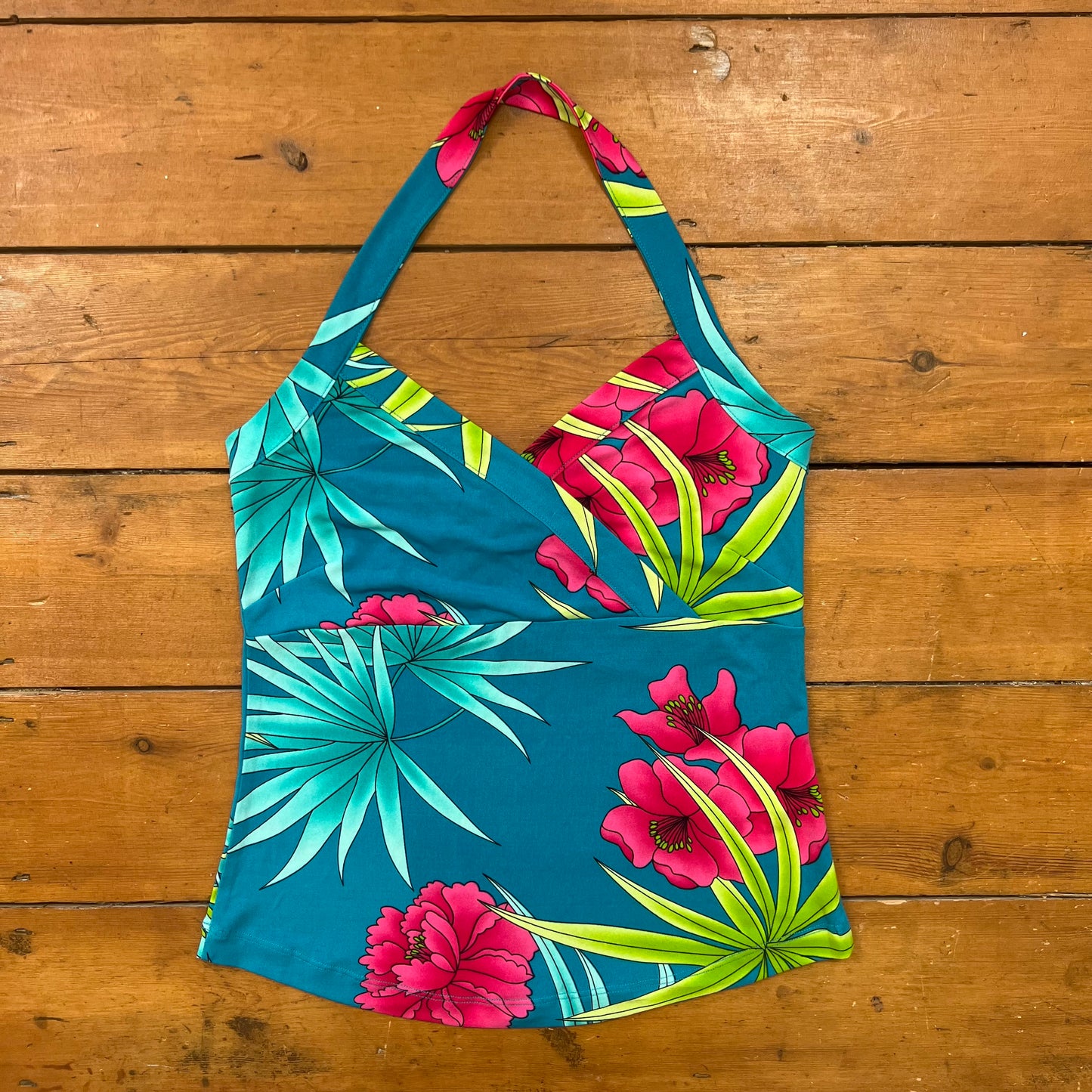 vintage 00s blue floral halterneck cami