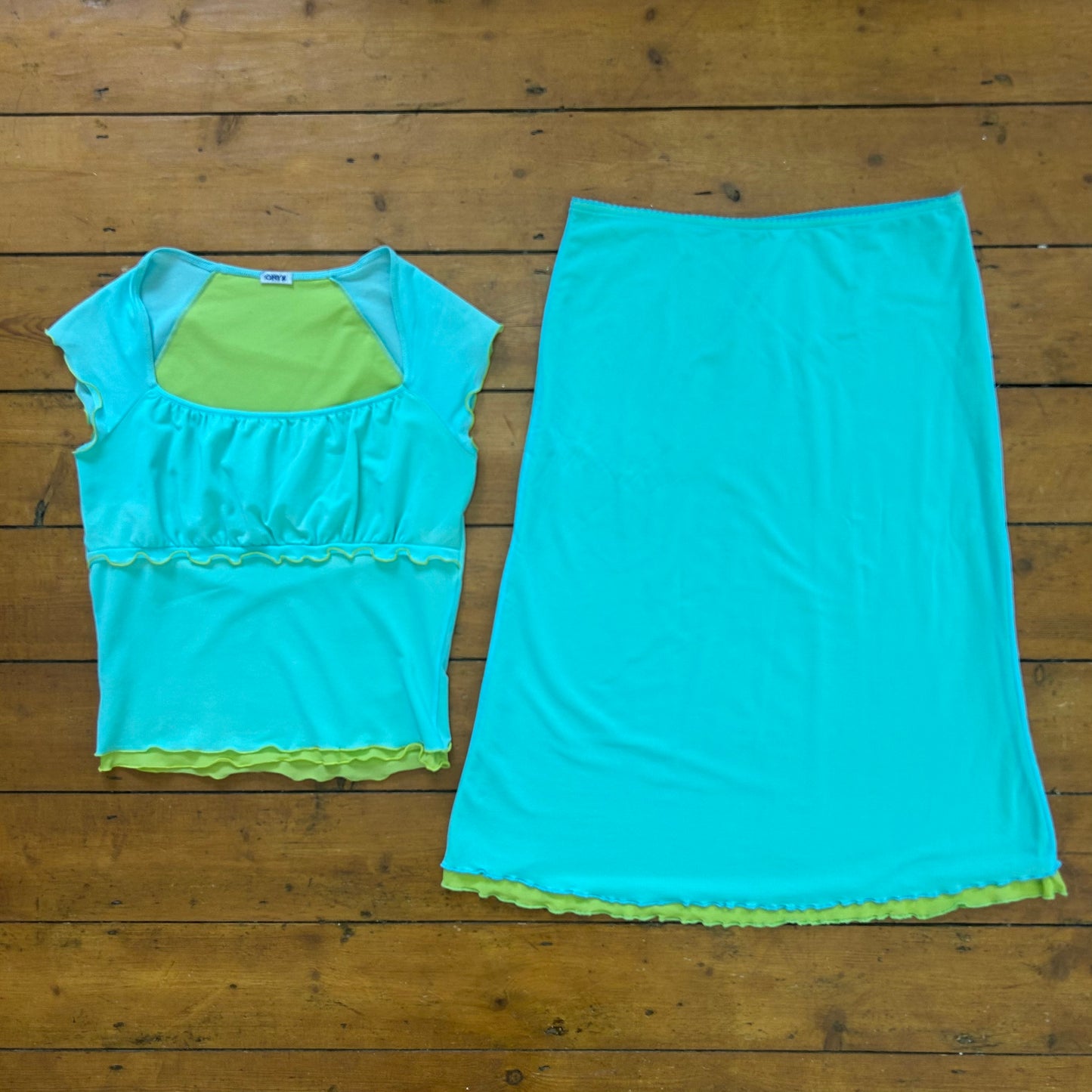 vintage 00s teal and lime green mesh milkmaid top and midi skirt co ord