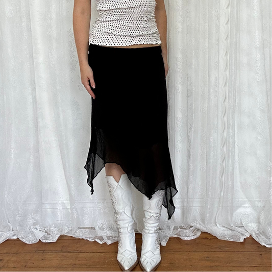 vintage 00s black mesh asymmetrical midi skirt