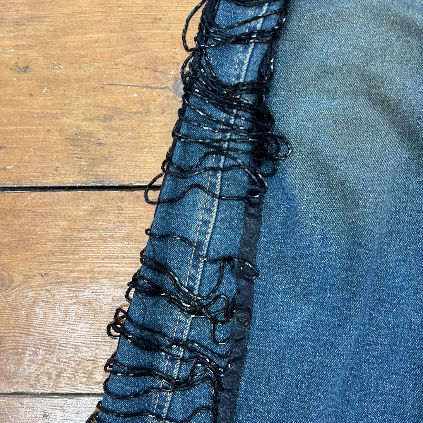 vintage 00s low rise black beaded tassle flared jeans