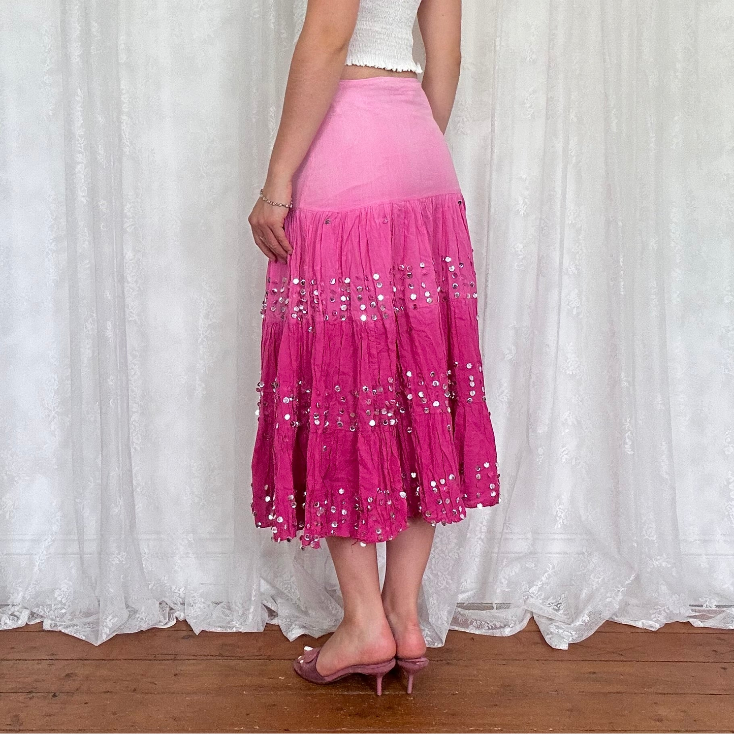 vintage 00s pink ombré sequin tiered midi skirt