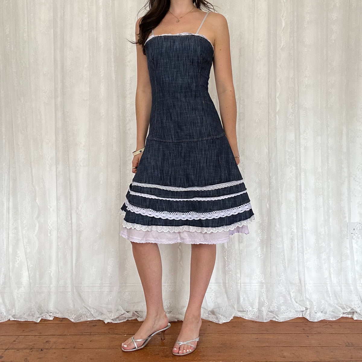 vintage 00s denim midi dress with broderie trim