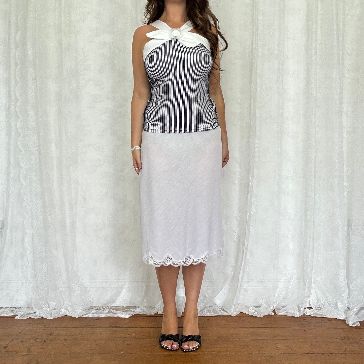 vintage 00s white lace detail slip midi skirt