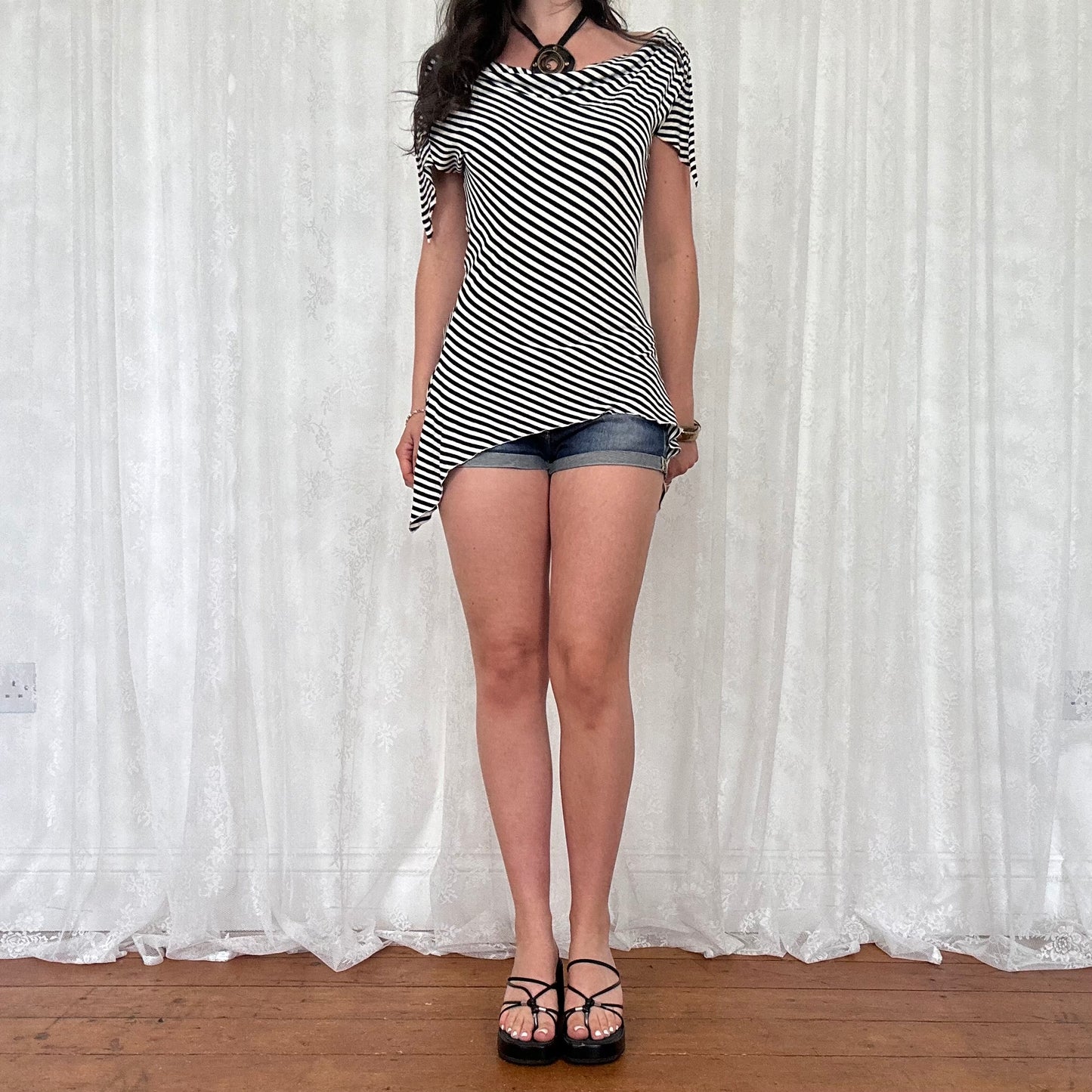 vintage 00s stripey asymmetrical cowl neck top
