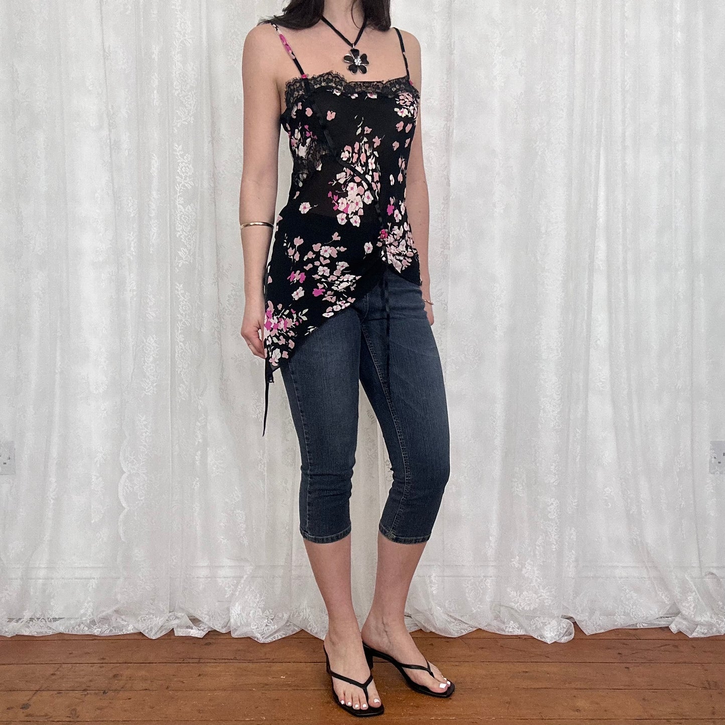 vintage 00s black floral asymmetrical cami