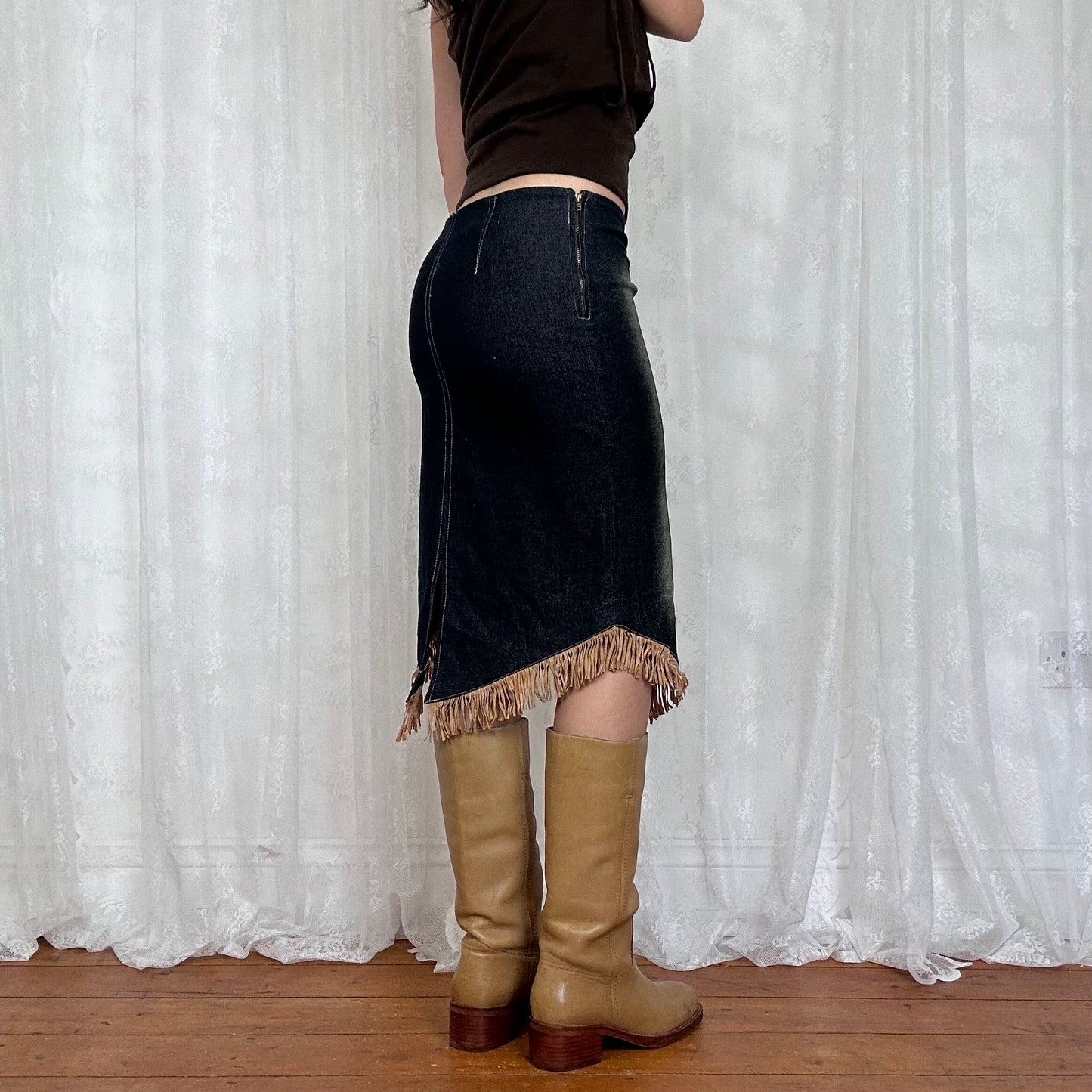 vintage 00s dark wash fringe midi skirt