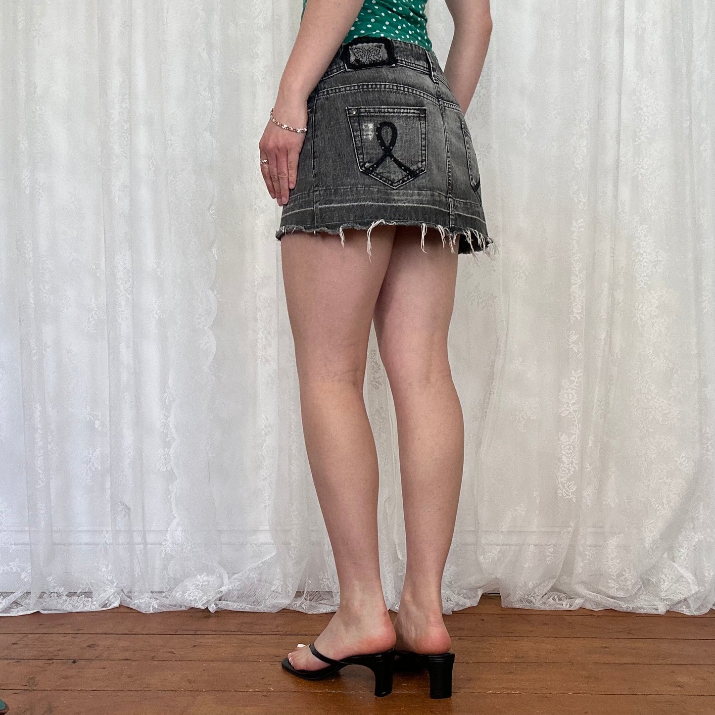 vintage 00s washed grey denim distressed mini skirt