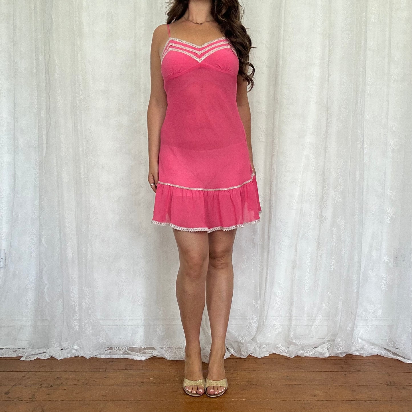 vintage 00s pink sheer lace trim mini dress
