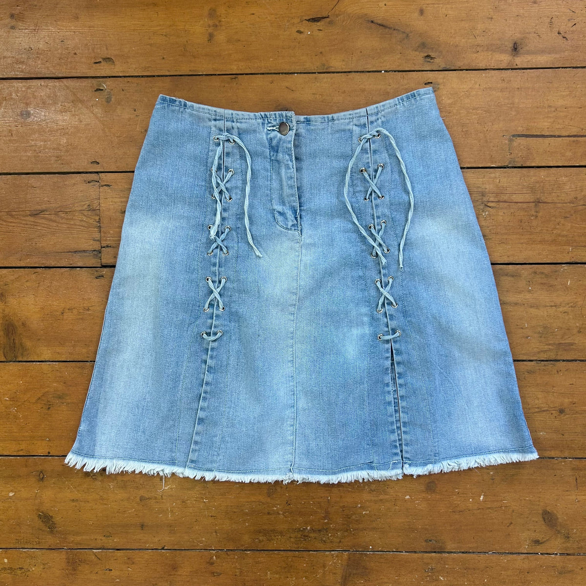 vintage 00s denim lace up midi skirt with slits