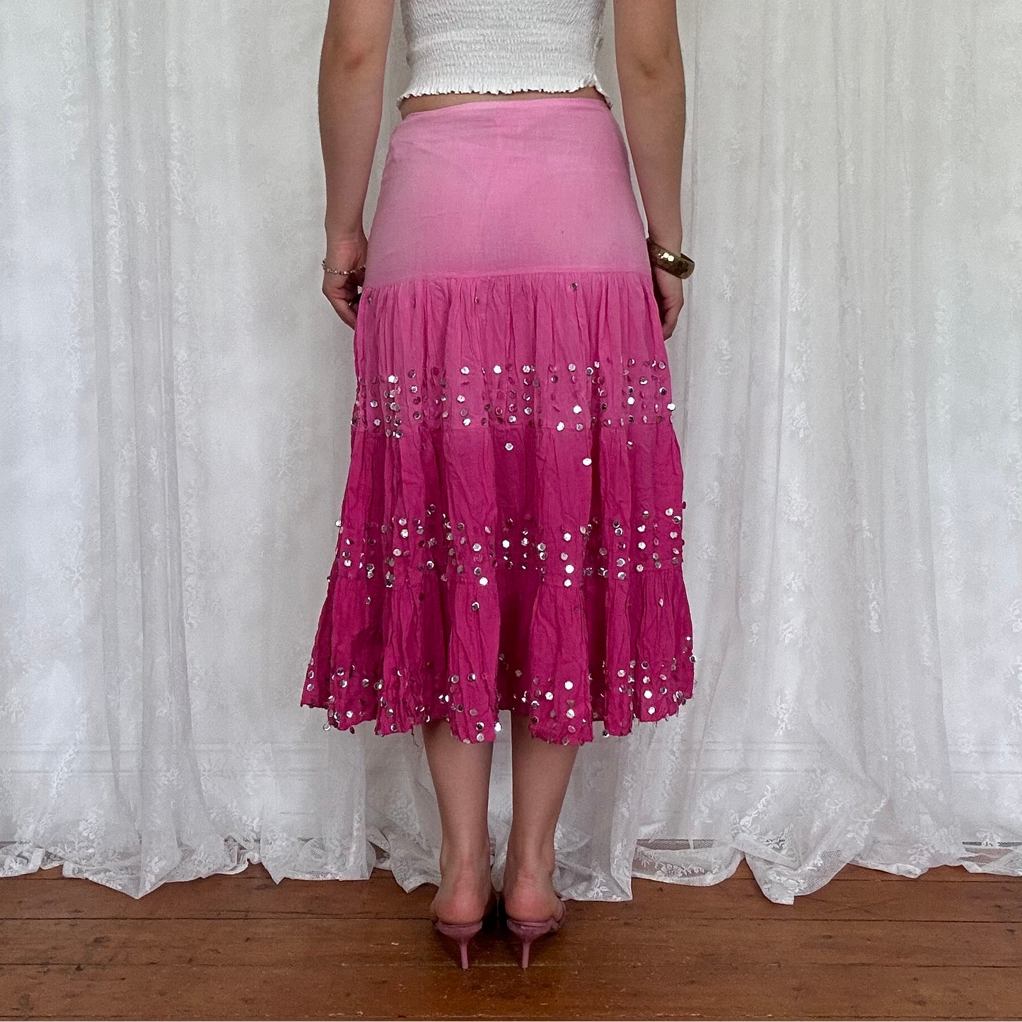 vintage 00s pink ombré sequin tiered midi skirt