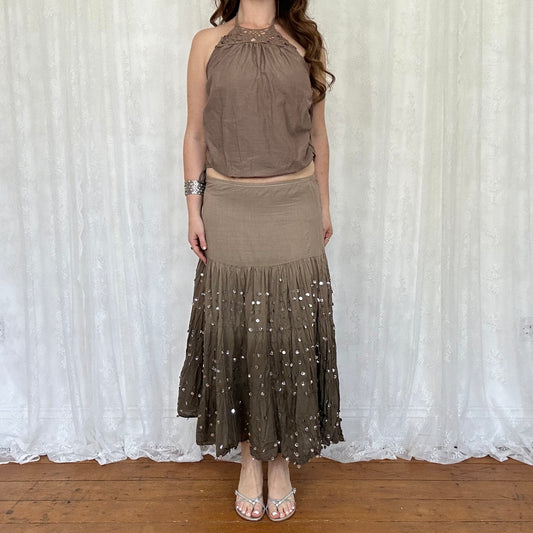vintage 00s brown crochet detail halter top