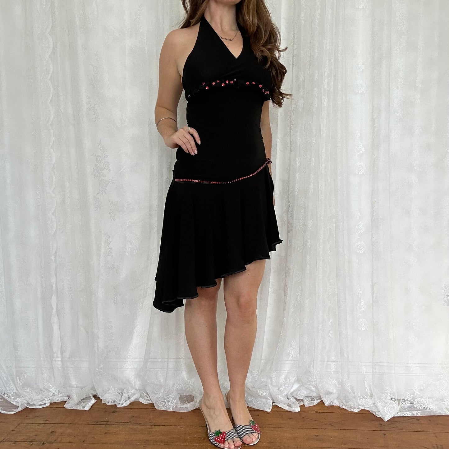 vintage 00s black hater dress with red sequin detail