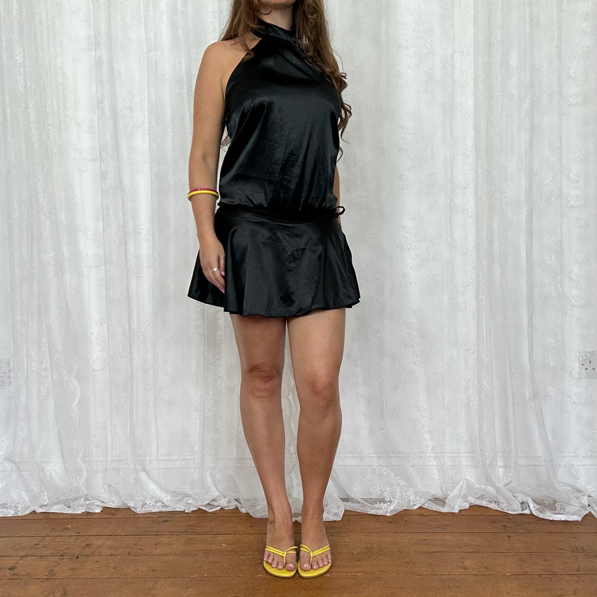 vintage 00s black satin halter mini dress