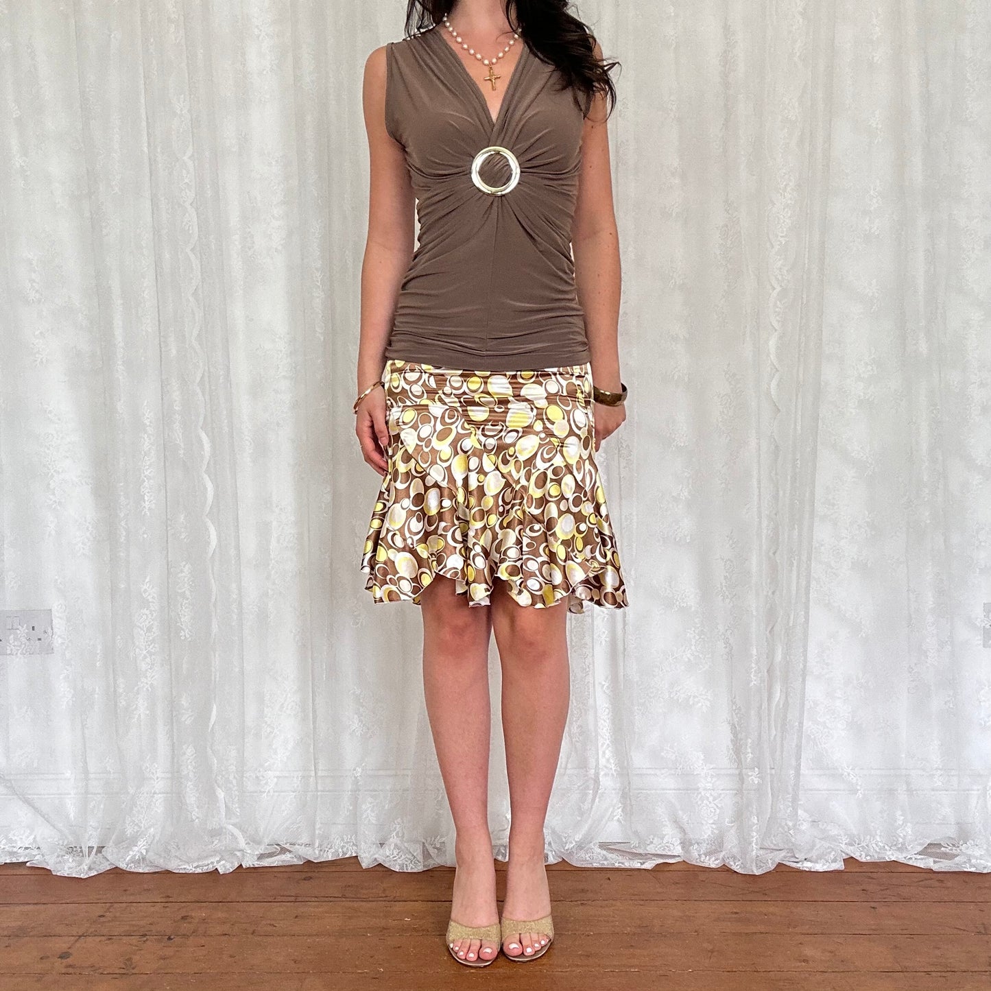 vintage 00s slinky brown ruched buckle top