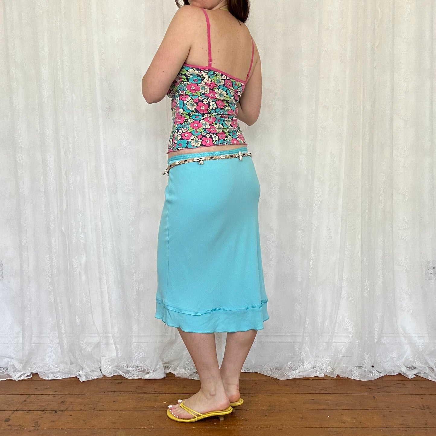 vintage 00s bright floral cami with pink lace trim