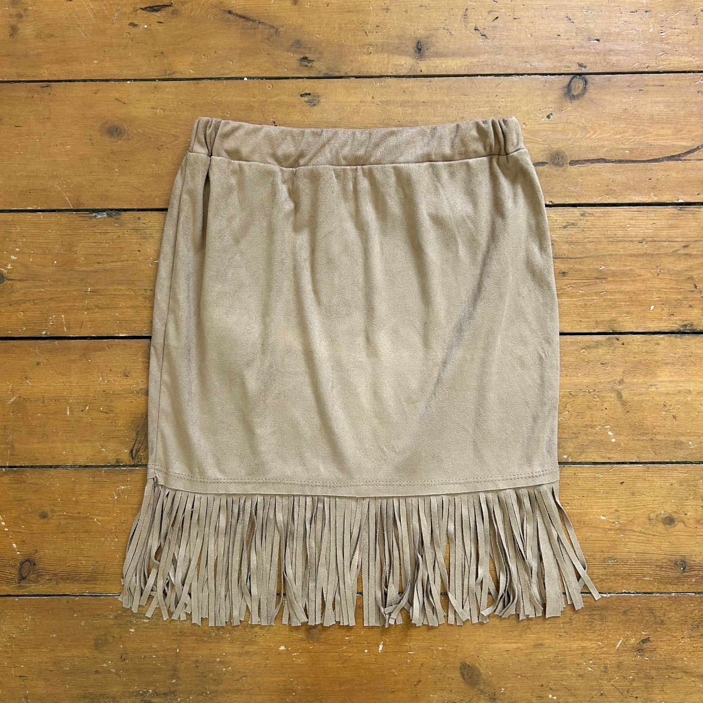vintage 00s tan faux suede fringe midi skirt