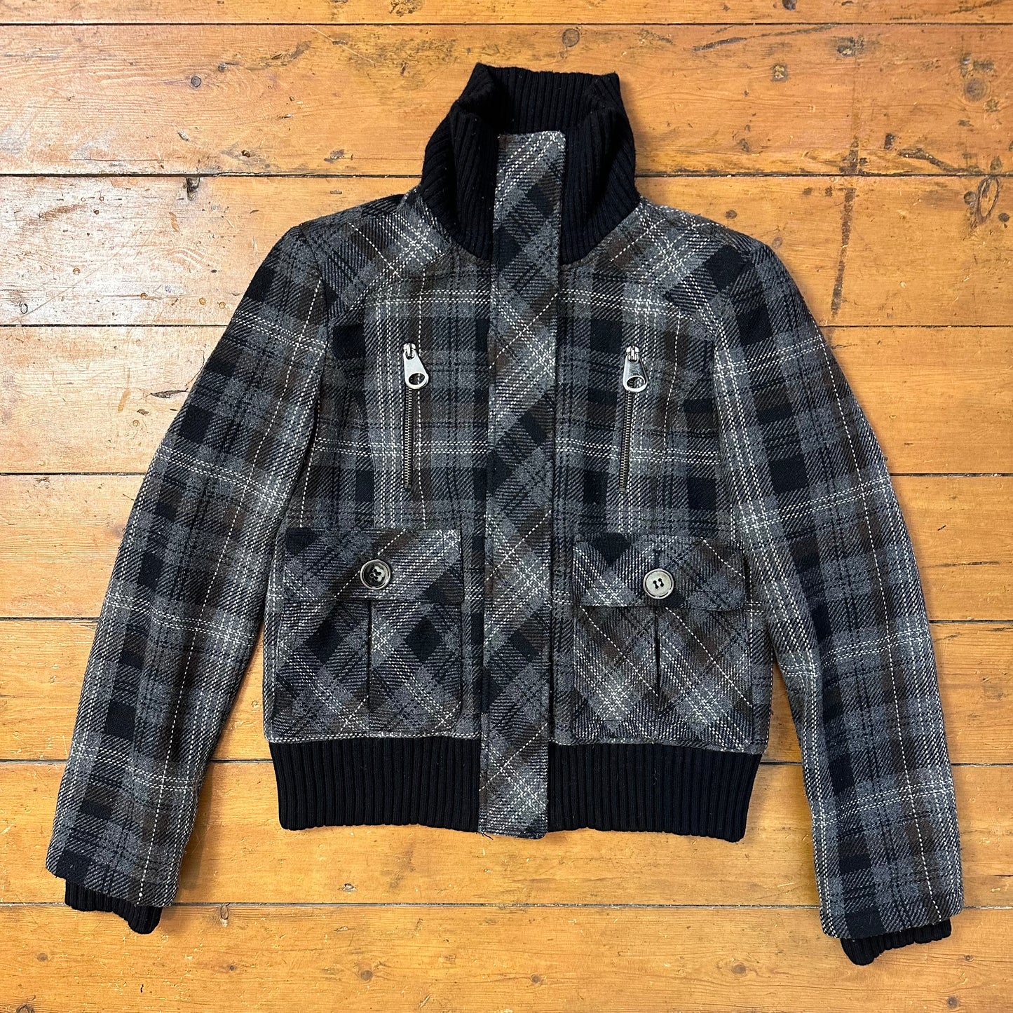 vintage 00s grey and black checkered wool bomber jacket