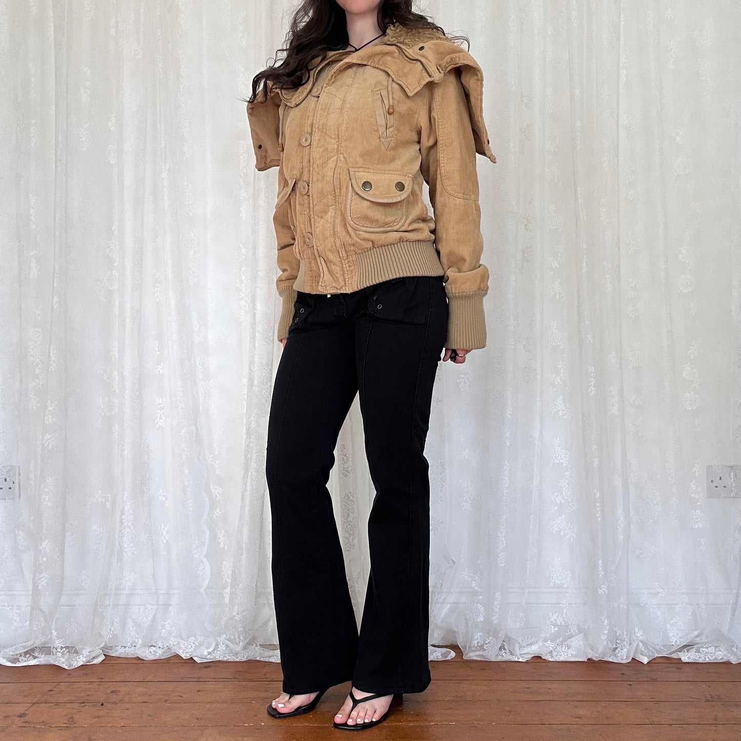 vintage 00s beige cord split hood bomber jacket
