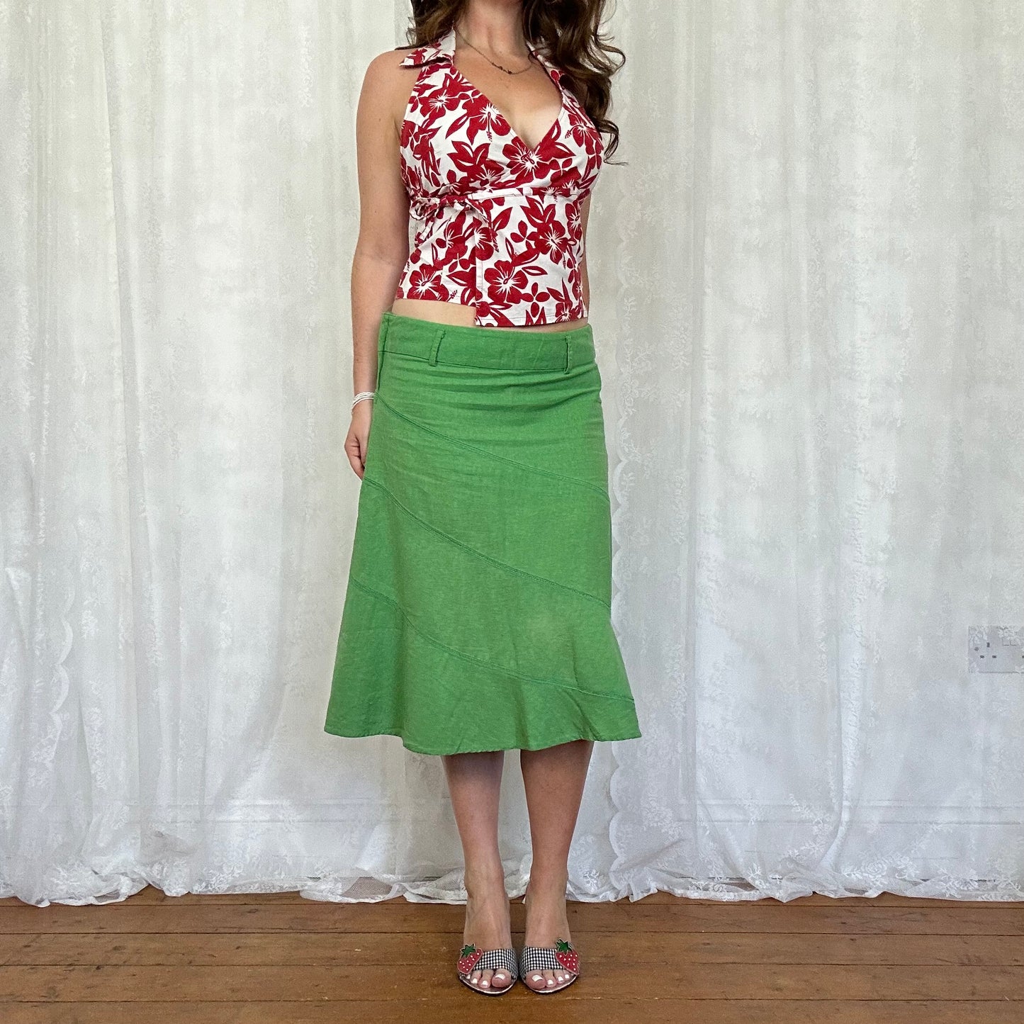 vintage 00s red and white floral wrap halter top