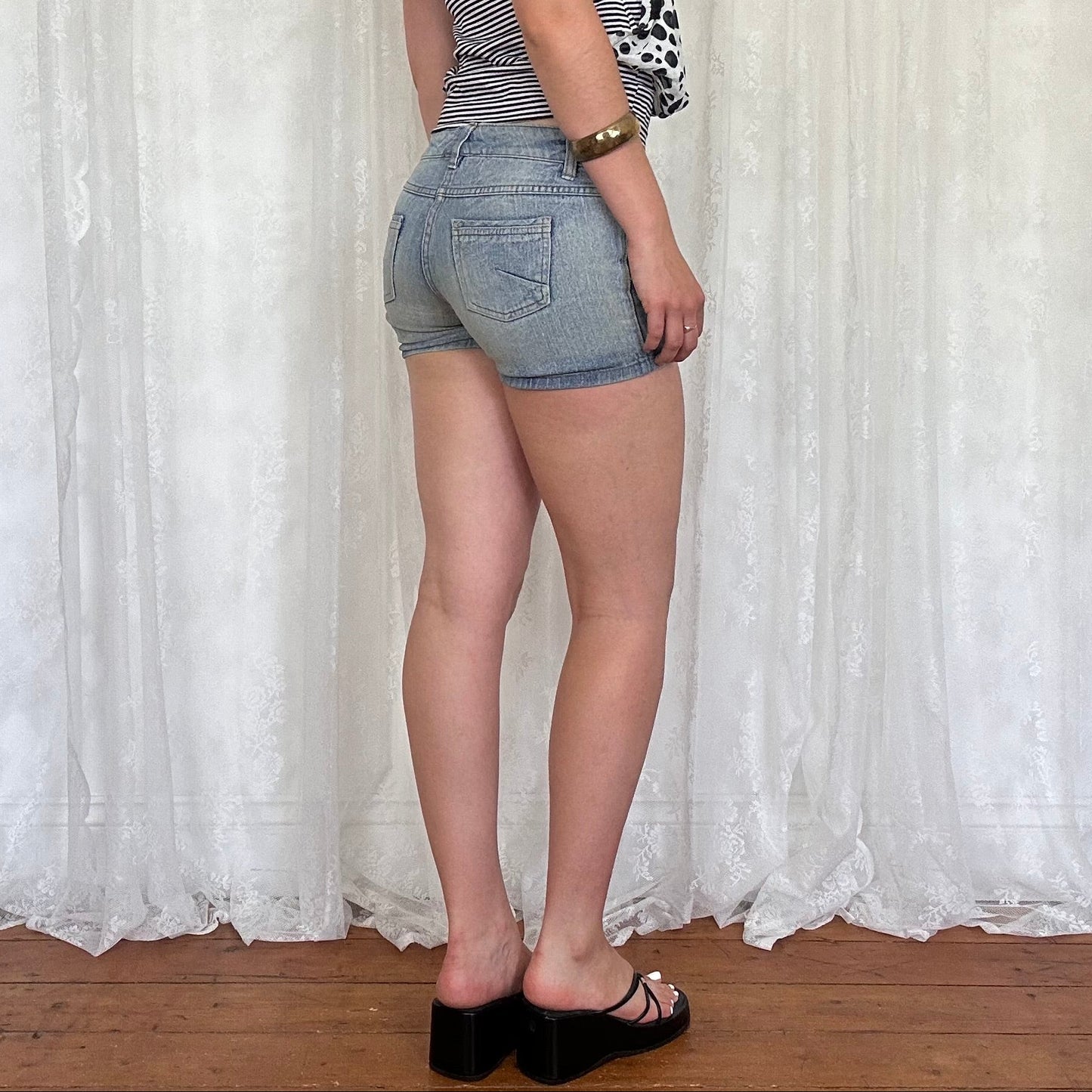 vintage 00s mid wash low rise denim shorts
